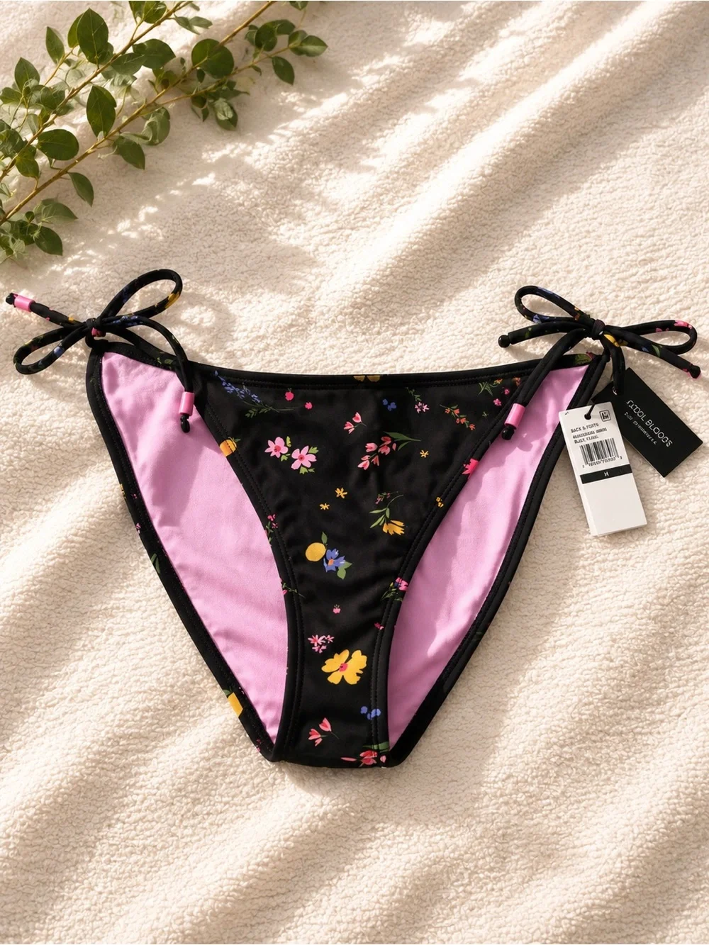 Tie-Side Floral Bikini Bottoms - Black & Pink